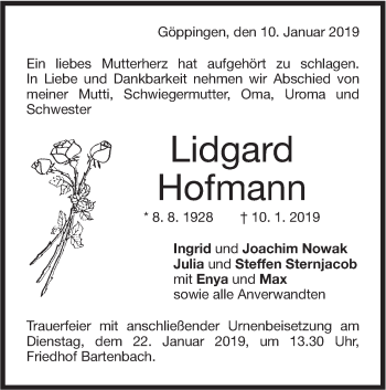 Traueranzeige von Lidgard Hofmann von NWZ Neue Württembergische Zeitung