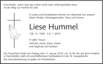 Traueranzeige von Liese Hummel von Alb-Bote/Metzinger-Uracher Volksblatt