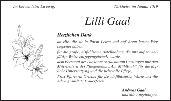 Traueranzeige von Lilli Gaal von Geislinger Zeitung