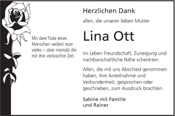 Traueranzeige von Lina Ott von Alb-Bote/Metzinger-Uracher Volksblatt