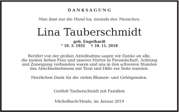 Traueranzeige von Lina Tauberschmidt von Hohenloher Tagblatt