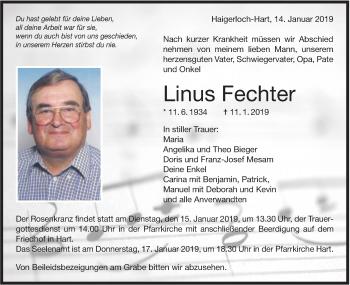 Traueranzeige von Linus Fechter von Hohenzollerische Zeitung