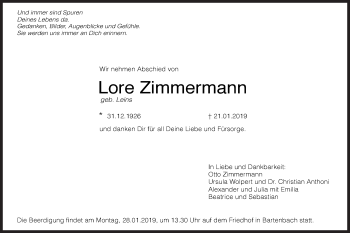 Traueranzeige von Lore Zimmermann von NWZ Neue Württembergische Zeitung