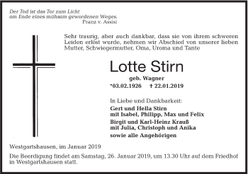 Traueranzeige von Lotte Stirn von Hohenloher Tagblatt