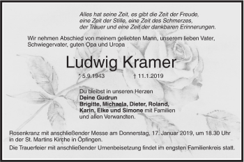 Traueranzeige von Ludwig Kramer von SÜDWEST PRESSE Ausgabe Ulm/Neu-Ulm