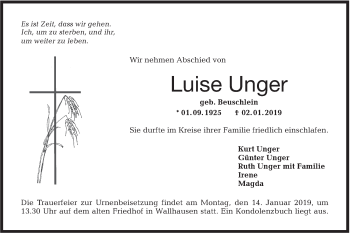 Traueranzeige von Luise Unger von Hohenloher Tagblatt