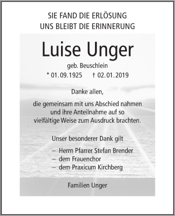 Traueranzeige von Luise Unger von Hohenloher Tagblatt