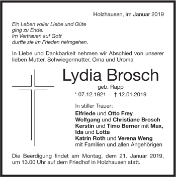 Traueranzeige von Lydia Brosch von NWZ Neue Württembergische Zeitung