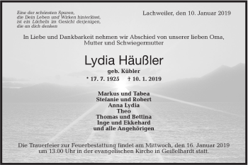 Traueranzeige von Lydia Häußler von Haller Tagblatt