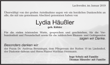 Traueranzeige von Lydia Häußler von Haller Tagblatt