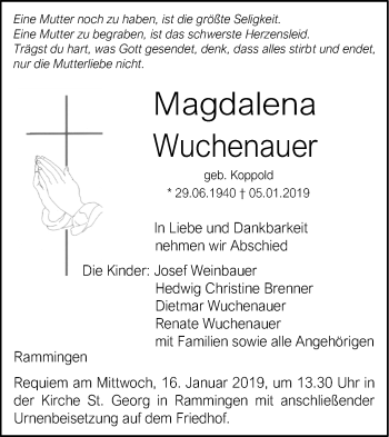 Traueranzeige von Magdalena Wuchenauer von SÜDWEST PRESSE Ausgabe Ulm/Neu-Ulm