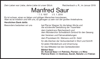 Traueranzeige von Manfred Saur von NWZ Neue Württembergische Zeitung