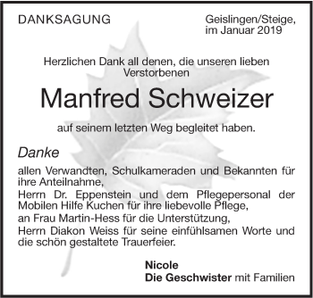 Traueranzeige von Manfred Schweizer von Geislinger Zeitung