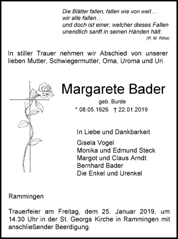 Traueranzeige von Margarete Bader von SÜDWEST PRESSE Ausgabe Ulm/Neu-Ulm