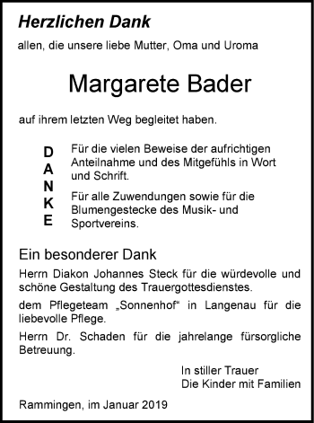 Traueranzeige von Margarete Bader von SÜDWEST PRESSE Ausgabe Ulm/Neu-Ulm