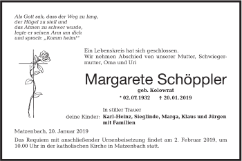 Traueranzeige von Margarete Schöppler von Hohenloher Tagblatt