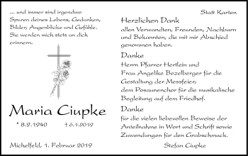 Traueranzeige von Maria Ciupke von Haller Tagblatt