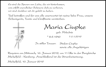 Traueranzeige von Maria Ciupke von Haller Tagblatt