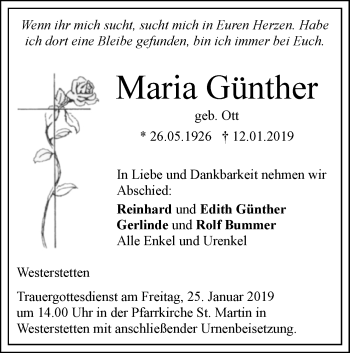 Traueranzeige von Maria Günther von SÜDWEST PRESSE Ausgabe Ulm/Neu-Ulm