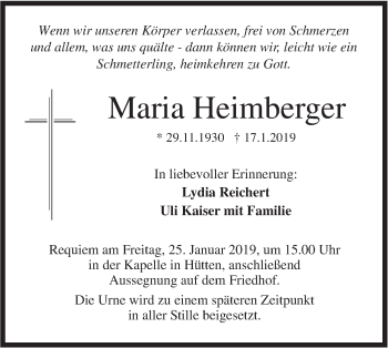 Traueranzeige von Maria Heimberger von Ehinger Tagblatt