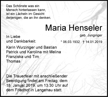 Traueranzeige von Maria Henseler von SÜDWEST PRESSE Ausgabe Ulm/Neu-Ulm