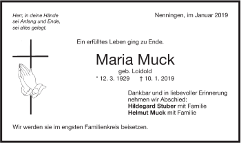 Traueranzeige von Maria Muck von NWZ Neue Württembergische Zeitung