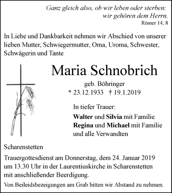 Traueranzeige von Maria Schnobrich von SÜDWEST PRESSE Ausgabe Ulm/Neu-Ulm