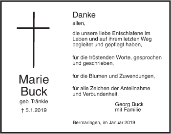 Traueranzeige von Marie Buck von SÜDWEST PRESSE Ausgabe Ulm/Neu-Ulm