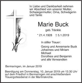 Traueranzeige von Marie Buck von SÜDWEST PRESSE Ausgabe Ulm/Neu-Ulm