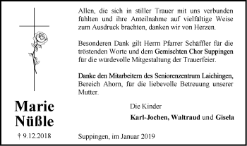 Traueranzeige von Marie Nüßle von SÜDWEST PRESSE