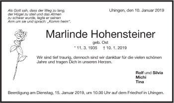 Traueranzeige von Marlinde Hohensteiner von NWZ Neue Württembergische Zeitung