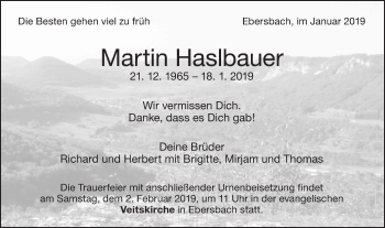 Traueranzeige von Martin Haslbauer von NWZ Neue Württembergische Zeitung