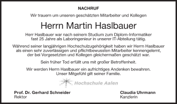 Traueranzeige von Martin Haslbauer von NWZ Neue Württembergische Zeitung