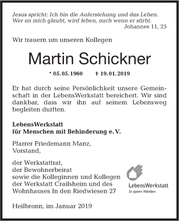 Traueranzeige von Martin Schickner von Hohenloher Tagblatt
