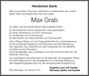 Traueranzeige von Max  Grab von Ehinger Tagblatt