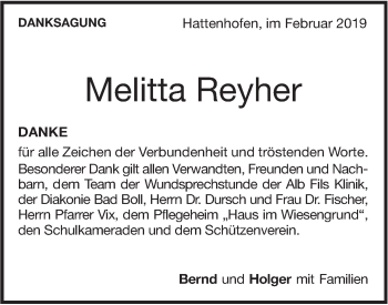 Traueranzeige von Melitta Reyher von NWZ Neue Württembergische Zeitung