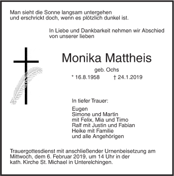 Traueranzeige von Monika Mattheis von SÜDWEST PRESSE Ausgabe Ulm/Neu-Ulm