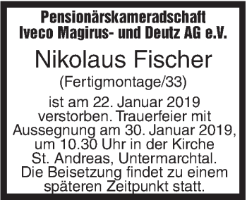 Traueranzeige von Nikolaus Fischer von SÜDWEST PRESSE Ausgabe Ulm/Neu-Ulm