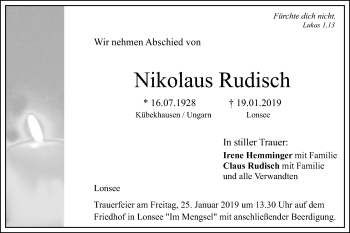 Traueranzeige von Nikolaus Rudisch von SÜDWEST PRESSE Ausgabe Ulm/Neu-Ulm