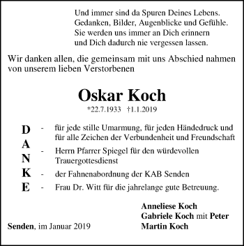 Traueranzeige von Oskar Koch von SÜDWEST PRESSE Ausgabe Ulm/Neu-Ulm