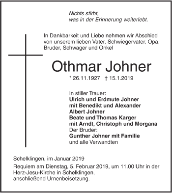 Traueranzeige von Othmar Johner von SÜDWEST PRESSE Ausgabe Ulm/Neu-Ulm