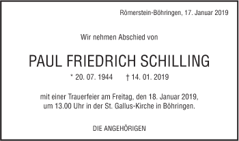 Traueranzeige von Paul Friedrich Schilling von Alb-Bote/Metzinger-Uracher Volksblatt