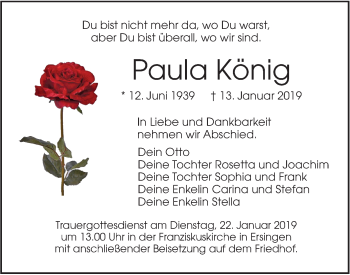 Traueranzeige von Paula König von SÜDWEST PRESSE Ausgabe Ulm/Neu-Ulm