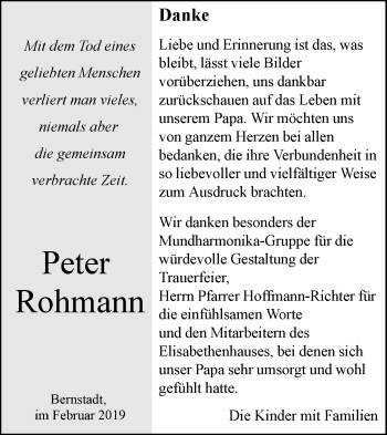 Traueranzeige von Peter Rohmann von SÜDWEST PRESSE Ausgabe Ulm/Neu-Ulm