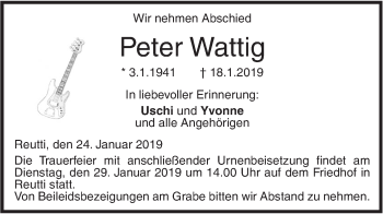 Traueranzeige von Peter Wattig von SÜDWEST PRESSE Ausgabe Ulm/Neu-Ulm