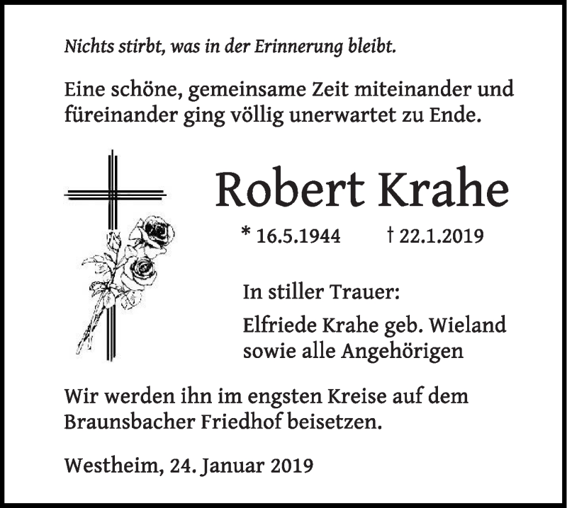  Traueranzeige für Robert Krahe vom 24.01.2019 aus Haller Tagblatt