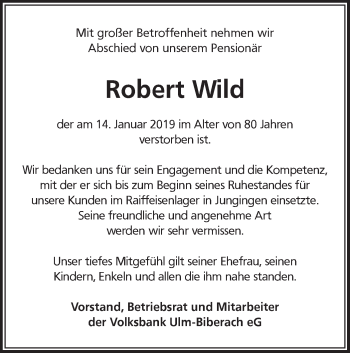 Traueranzeige von Robert Wild von SÜDWEST PRESSE Ausgabe Ulm/Neu-Ulm