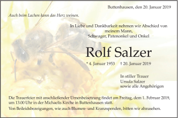 Traueranzeige von Rolf Salzer von Alb-Bote/Metzinger-Uracher Volksblatt