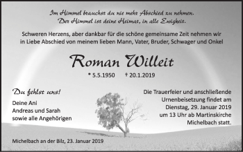 Traueranzeige von Roman Willeit von Haller Tagblatt