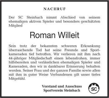 Traueranzeige von Roman Willeit von Haller Tagblatt